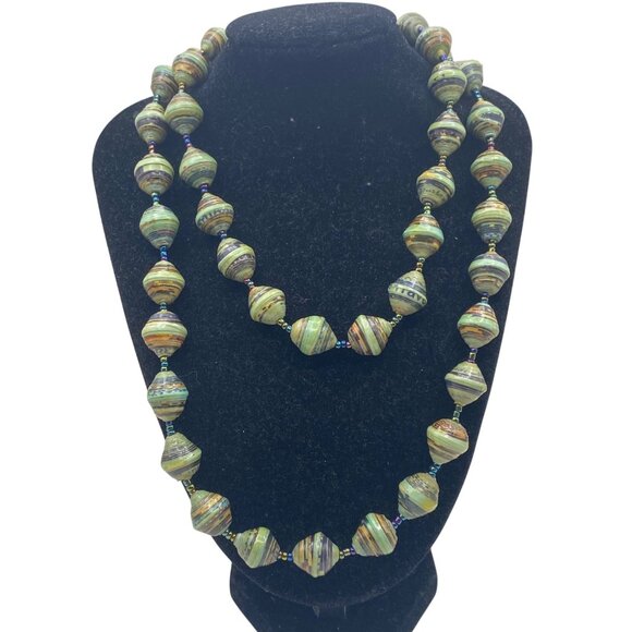 Jewelry - Vintage 34" Paper Glass Bead Necklace Barrel Closure Multicolor Striped Design